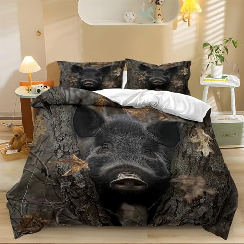 Herbst-Bettbezug Bettwäsche-Set Realistisches Foto eines schwarzen Wildschweins 3D-Druck Verdeckter Reißverschluss Mikrofaser Bettwäsche Grau Weicher Bettbezug 135 x 200 cm