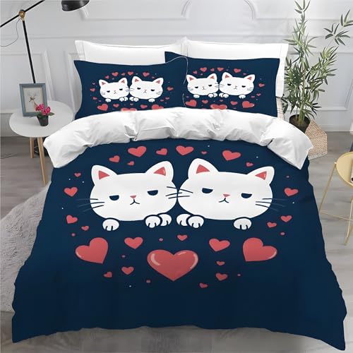Generisch Katze Bettwäsche 200x220 3teiling Liebe 1 Bettbezug 200x220 cm + 2 Kissenbezüge 80X80 cm Bettwäsche-Sets Kuschelige Mikrofaser mit Reißverschluss F647
