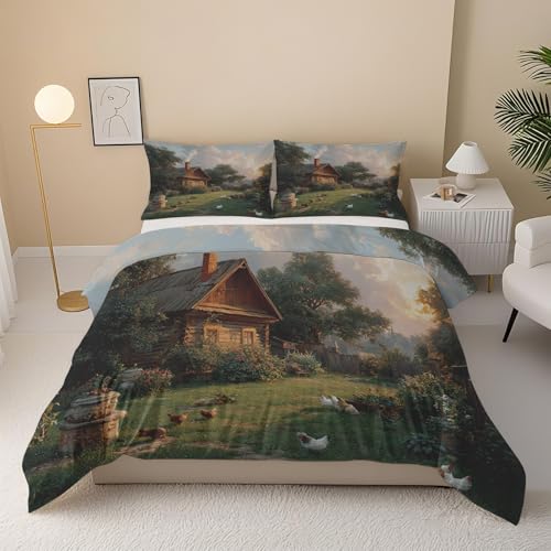 Tier Huhn Bettwäsche Set, Landhaus Bettbezug Set Wendebettwäsche 140x200 cm, Retro Farm Einfache Pflege 2 Teilig mit 1 Kissenbezügen, Weich Mal Bettbezug