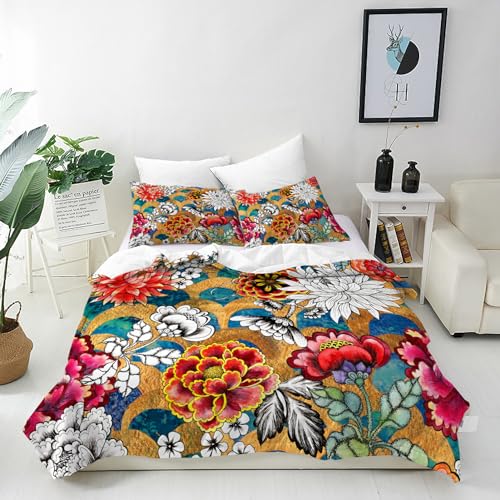 ANHOPE Florale Fisch Skala Karpfen Bettwäsche Set 3 Teilig Bettbezug 135x200 cm & 2 Kissenbezug 50x70 cm Microfaser Bettbezüge mit Reißverschluss Weich Bettdeckenbezug Set für Kinder Mädchen