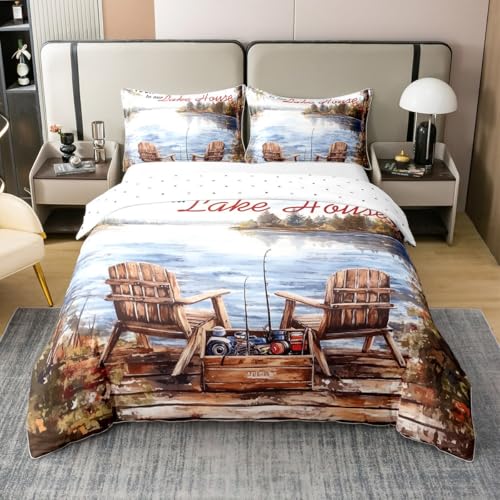 Homewish Angeln 100% Baumwolle Bettbezug 135x200 für Kinder Teens Erwachsene,Lake Life Bettwäsche Set Glückliches Camping Tröster Abdeckung Angeln Enthusiasten Bett Set 1 Kissenbezug Zimmer Dekor