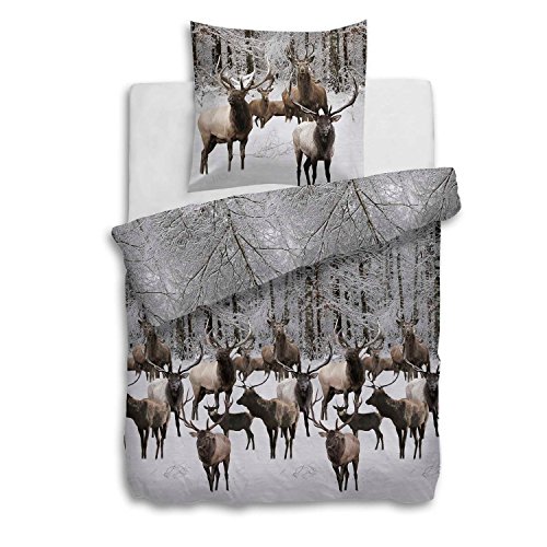 Heckett & Lane Flanell Biber Bettwäsche Ralph I Göße 135x200 80x80cm I Farbe Taupe I Design Winterlandschaft Winterwald Hirsch Deer Rentier Reindeer