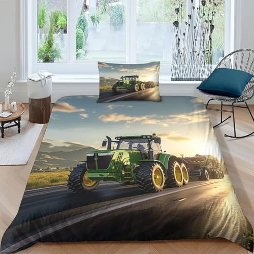 NDXRWDZR Bettwäsche 135x200 Traktor Bettwäsche-Set mit Reißverschluss Schließung für Kinder Weicher Atmungsaktive Mikrofaser Bettbezug + 2 Kopfkissenbezug 80x80 cm