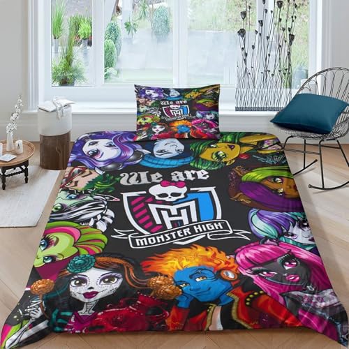 Monster High Für Kinder Mädchen Jungen Bettwäschegarnitur Bettbezug Set 3D Gedruckter Animierte Charaktere Und Kissenbezüge Reissverschluss Bettwäsche Weich Microfaser 2 Teilig Single?135x200cm?