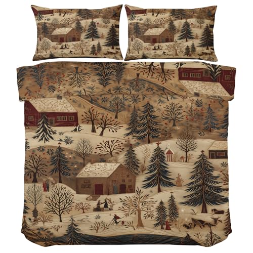Generisch Landhaus Bettwäsche, Vintage Dorf Bettwäsche-Set 135x200, Mikrofaser Wende Bettbezug 2 Teilig mit Reißverschluss, Pflegeleicht Trösterbezug mit 1 Kissenbezug 80x80 Tg594