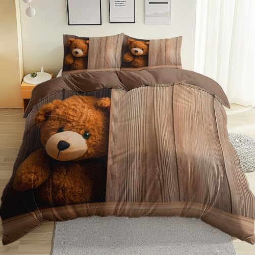 Bettwäsche Set Kindlich Und Süß Teddybär Braun Beige Wendebettwäsche 3-Teilig Aus Mikrofaser – Weicher Bettbezug Mit Reißverschluss Und 2 Kissenbezüge 80X80 cm, Gemütlich 135 cm X 200 cm