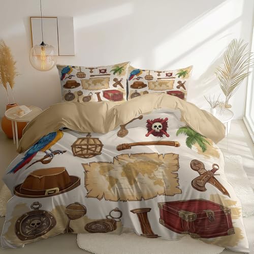 Bettwäsche-Set Cartoon Pirat Schatz Muster - 135 x 200 cm Weich Mikrofaser Bettbezug Set für Kinder Teenager Erwachsene Schlafzimmer, Beige Reversibler Bettbezug