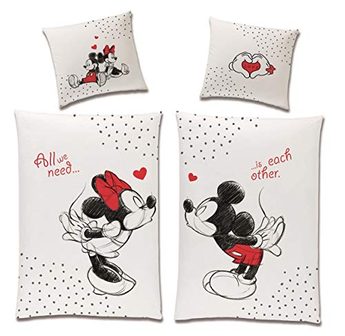 Wende-Bettwäsche Set Disney Classic Mickey und Minnie Mouse in Love 135x200 80x80 cm aus 100% Baumwolle Weiss Rot Partner-Bettwäsche (4-TLG)
