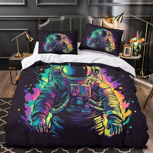 VWENOLRIX Weltraum-Astronaut 3D Bedruckt Deckenbezug 3teilig Mikrofaser leichtgewichtig Neonfarben Bettdeckenbezug 2 Kissenbezüge Reißverschluss Familie Gäste Super King?260x220cm?