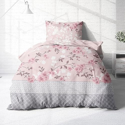 Träumschön Premium Bettwäsche 155x220 + 80x80 cm - Blumenmuster Design Rosa - Sommer Bettwäsche aus Baumwolle – Weich, Atmungsaktiv & Hautfreundlich - bügelfrei