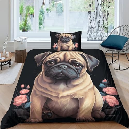 BANEUBBDE Mops Bettbezug Set Bettwäsche Set Kinderbettwäsche Reißverschluss Mit Kissenbezug Betten Set Für Jugendliche Kinder Schlafzimmer Single?1Tier5x200cm?