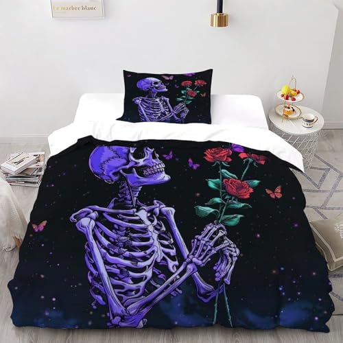 XIKMLSID Rose Schädel Bettwäsche 2-Stück Set,Mikrofaser,3D Terror Weich Und Komfortabel 100% Baumwolle Für Erwachsene Und Kinder Geeignet Single?135x200cm?
