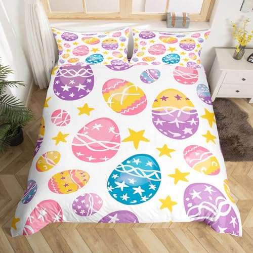 Glückliche Ostern Bettbezug 135x200 Regenbogen Bunte Eier Bettwäsche Set,Sterne Karikatur für Kinder Mädchen Teens Erwachsener Tröster Bezug mit 1 Kissenbezug Kawaii Ostern Dekor für Zuhause Bett Set