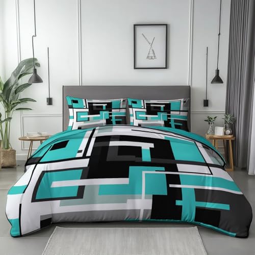 Bettbezug Türkis Wendbar Bettwäsche Sets, Mit Reißverschluss Abstrakte minimalistische geometrische Thema Mikrofaser Bettbezug Für die Schlafzimmerdekoration 240 x 220 cm