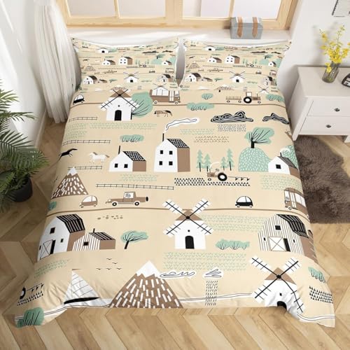 Kleinstadt Bettwäsche 155x200 Landhausstil 3D Bettbezug Weich Mikrofaser Bettwäsche-Sets 3 Teilig mit 2 Kissenbezüge 80x80 für Mädchen Jugendliche Einzelbett u.3435