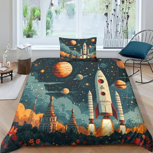 CRJUS Zeichentrickfilm Astronaut Jungen Teenager Bettbezug Set Zeichentrickfilm Modern Bettwäsche Dekorativ Betten Set Polyester Für Kinder Männer Bettbezüge Single?135x200cm?