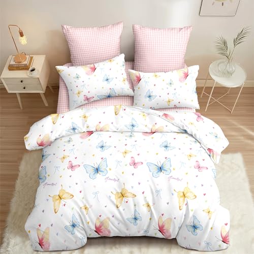 Freyamy Weiß Bettwäsche Set 135x200,Bunt Schmetterling Muster Elegantes Bettwäsche 2tlg, Weich Romantisch Bettwäsche Set Mädchen Geschenk,Bettbezug mit Reißverschluss + 1 Kissenbezug 80x80 cm