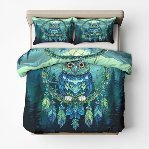 Generisch Bettwäsche 135x200 Eule Design, 2teilig - Traumfänger Bettbezug und 1 Kissenbezug 80x80, Wendebettwäsche, Schlafzimmer Deko, Mikrofaser, mit Reißverschluss SD-1098