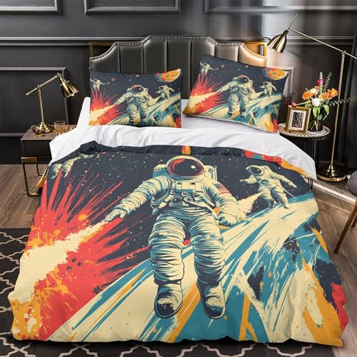 VWENOLRIX Weltraum-Astronauten 3D Bedruckt Bettdeckenbezug 3teilig Mikrofaser atmungsaktiv Vintage-Retro Bettbezug 2 Kissenbezüge leichtgewichtig Jugendliche Erwachsene Double?200x200cm?