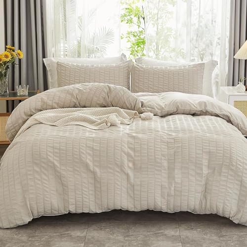 Freyamy Seersucker Bettwäsche 135x200cm 4teilig Beige Geprägt Streifen Strukturiert Bettwaren-Sets Uni Gebürstet Microfaser Weiche Bettbezug mit Reißverschluss und 4 Kissenbezug 80x80cm