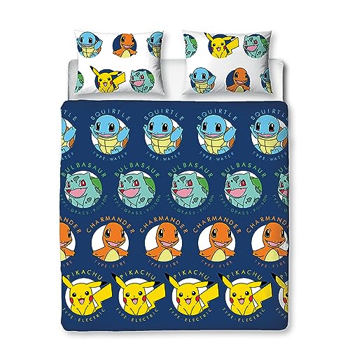 Character World Pokemon Offizielles Doppel-Bettwäsche-Set, Gotta-Design, blau, wendbar, Pikachu, Squirtle Charmander, 2-seitiger Bettbezug, offizielles Merchandise-Produkt, inklusive passender