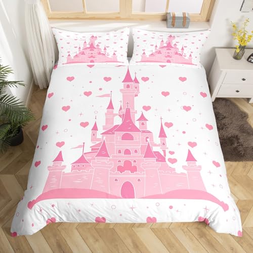 Homewish Mädchen Schloss Bettwäsche Set Rosa Schloss Gedruckt Tröster Abdeckung 155x220 für Mädchen Prinzessin Stil Fansty Bettbezug Hand Gezeichnet Soft Decor Bett Set für Schlafzimmer Dekor