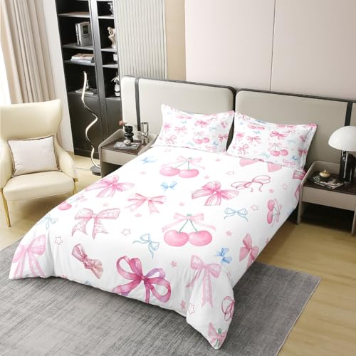 Rosa Bogen Mädchen 100% Baumwolle Bettbezug S,Kirsche Bowknot Print Tröster Abdeckung,Kinder Mädchen Frau Schmetterling Bogen Bettwäsche Sets Nette süße Stil Quilt Cover,1 Kissenbezug