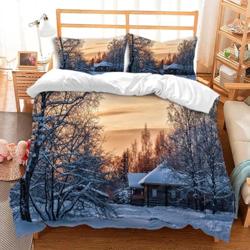 Bettwäsche 135x200 Landhaus Bettwäsche Sets Winterlandschaft Bettenset 3D Druck Weich Microfaser Kinderbettwäsche mit Reißveschluss und 2 Kissenbezug für Jungen Mädchen J.1544