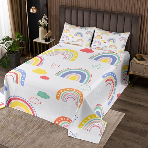 Regenbogen-Bettdecke Set für Kleine Mädchen Zimmer,Bunte Wolke Quilt Set Cartoon Iridisierende Coverlet Set Regenbogen Geschenke für Mädchen,Regenbogen Linien Gestreifte Bettwäsche Set,220Bx240L