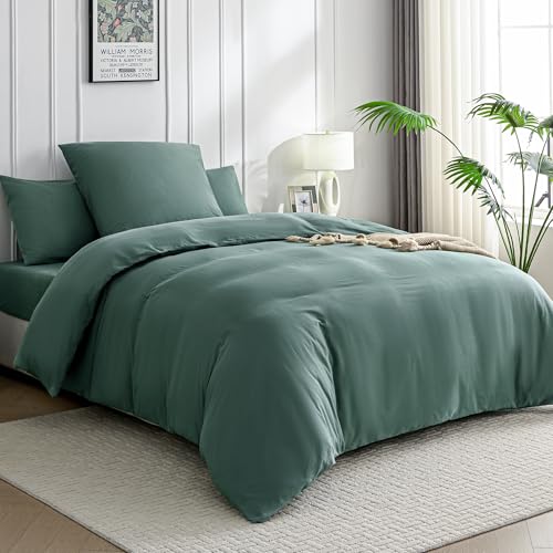 JELLYMONI Bettwäsche 135x200 Baumwolle Bettwäsche-Sets Dunkelgrün Oeko-Tex 100% Gewaschene Baumwolle Bettbezug mit Reißverschluss und Kissenbezug 80X80 mit Umschlag Weich 2-Teilige Bettwäsche