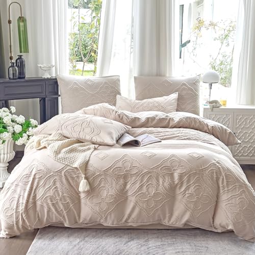 Amolavet Boho Bettwäsche 200x200 3teilig Set Beige Getuftet Vintage Blümchen aus Weich Bügelfreie Gebürstetem Mikrofaser - Boho Deko Sommer Bettwäsche 200x200 für Doppelbett