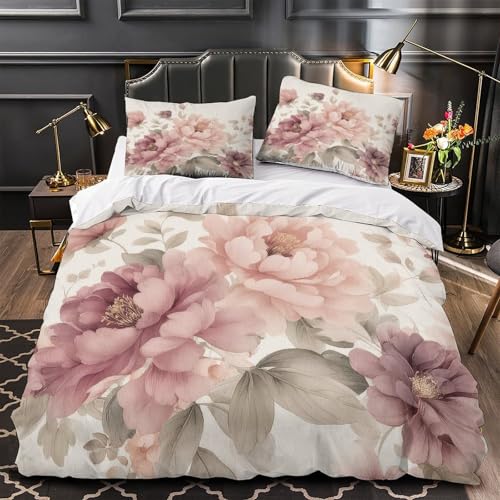 VOXYTMLWG Pink Rose Mikrofaser Pflegeleicht 3D-Gedruckter Bettwäsche-Set dreiteiliger Blütenmuster Bettdeckenbezug Zip Verschluss for Jungen,Teen Jungen,Frauen,Teenager Single?135x200cm?