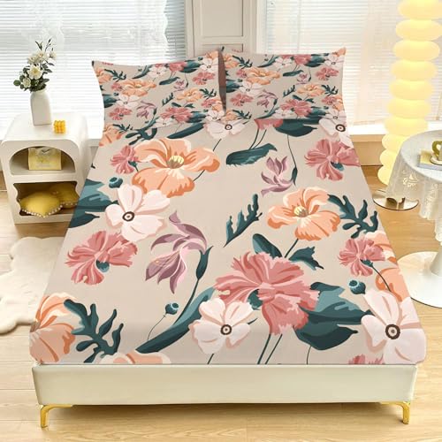 Kleines Doppelbett-Spannbettlaken ,Rose Landhaus-Blumen Weich, Gemütlich, 3-teiliges Mikrofaser-Bettwäsche-Se t mit Tiefer Tasche, 30 cm, 120 x 190 cm, Inklusive 2 Kissenbezügen L929