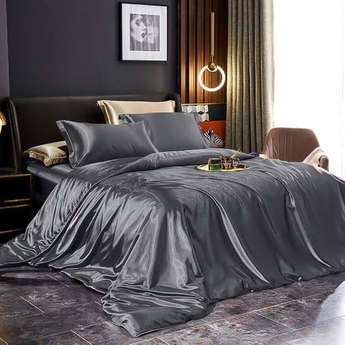 Covebett Satin Bettwäsche 155x220 Grau Dunkelgrau Uni Glatt Luxus Seide Aesthetic Seidenbettwäsche Set Einfarbig Glänzend Glanzsatin Microfaser Sommer Bettbezug und Kissenbezug 80x80cm Reißverschluss