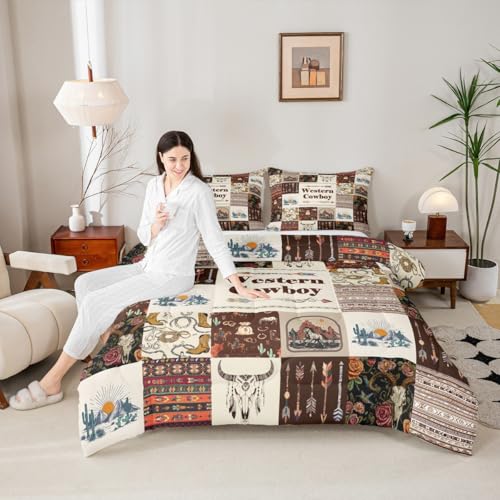 Western-Cowboy-Bettwäsch e-Set, Südwest-Boho-Bettwäsche -Set, Doppelgröße, Rinderschädel und Pferde, Pfeil, Azteken-Steppdecken-Set, 2-teilig, Kinder, Jungen, Mädchen, Raumdekoration, rustikales