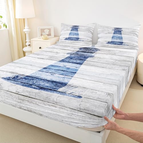 Navy Leuchtturm eingebaute Bettwäsche L Größe,Nautische Leuchtturm Bettwäsche Sets für Kinder Zimmer Dekor,Abenteuer Themen Bedding Vintage Tiefe Tasche,1 Kissenhülle
