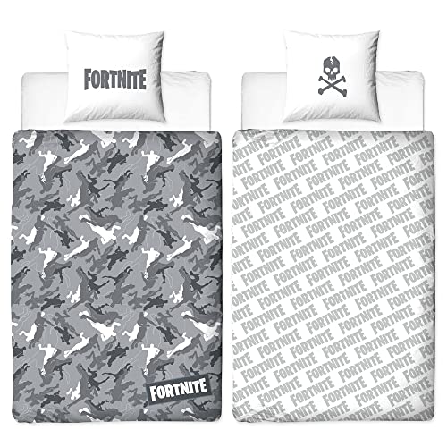 BERONAGE Fortnite Wende-Bettwäsche Grey 135 x 200 cm + 80 x 80 cm 100% Baumwolle Renforcé-Linon-Qualität Kinderbettwäsche Battle Royale Loot Lama Dance Lake Salty Tilted Skins 2 Motive Reißverschluss