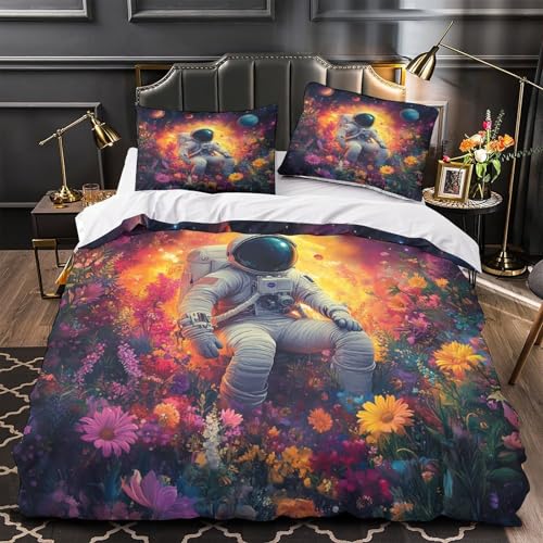 FPAKAKIIE Astronaut sitzt 3D Bedruckt Bettdeckenbezug 3teilig Mikrofaser fleckenfest Kosmischer Blumengarten Bettbezug 2 Kissenbezüge maschinenwaschbar Jugendzimmer Deko Single?140x200cm?