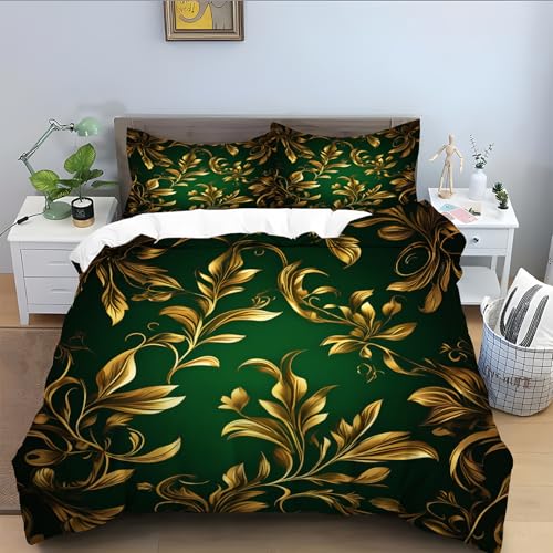 Bettwäsche 135x200 Kinder für Goldene Blätter,luxuriös Bettwäsche-Set 3 Teilig, Mikrofaser Bettbezug Atmungsaktive, Bettbezüge mit Reißverschluss Schließung und 2 Kissenbezug 80x80 cm-Grün A295