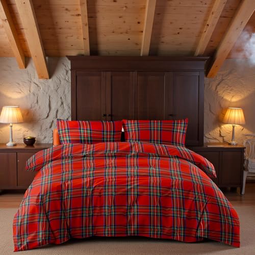 Roter karierter Bettbezug – Bettwäsche-Set aus 100 % reiner Baumwolle – Made in Italy, klassischer Tartan-Stil – 155 x 200 cm