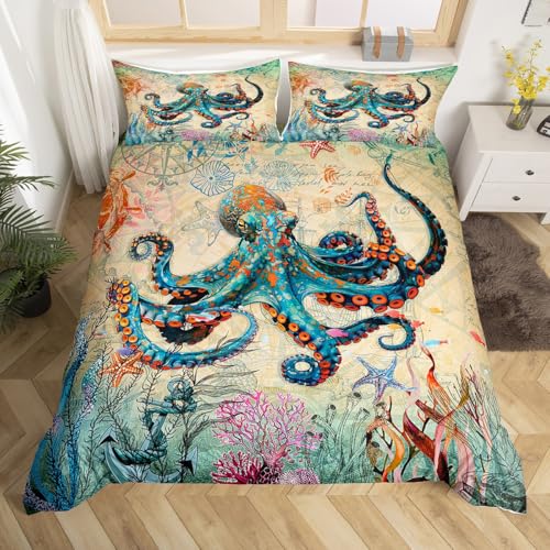 feelingyou Ocean Octopus Bettdecke Set s Größe, Anker Bunte Seesterne Koralle umkehrbare Quilt Abdeckung mit 1 Kissenbezüge, Retro Meer Abenteuer Thema atmungsaktive Bettwäsche Set (NO Decke), weich