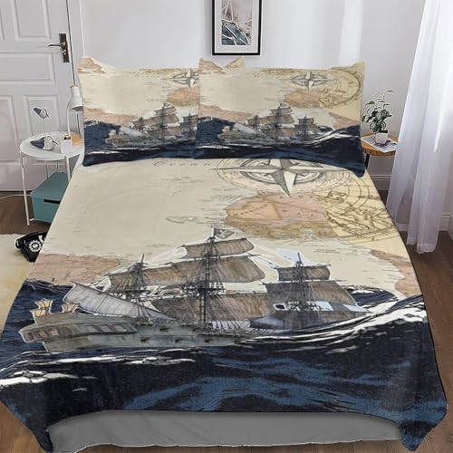 AASWDDS Pirate Ship,Boot Bettwäsche Angenehme Bettbezüge, Mikrofaser Bettdeckenbezug, Für Jungen Mädchen 2teilig Bettbezug + Kissenbezug Single(135x200cm)