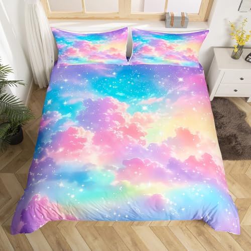 Homewish Regenbogen bettbezug für Kinder,Bunte Regenbogen Galaxy Rosa Bettwäsche 135x200cm Kinder Mädchen Teen Stars Glitter Aquarell Kunst bettset 1 Kissenbezug Romantische Pastell Bettwäscheset