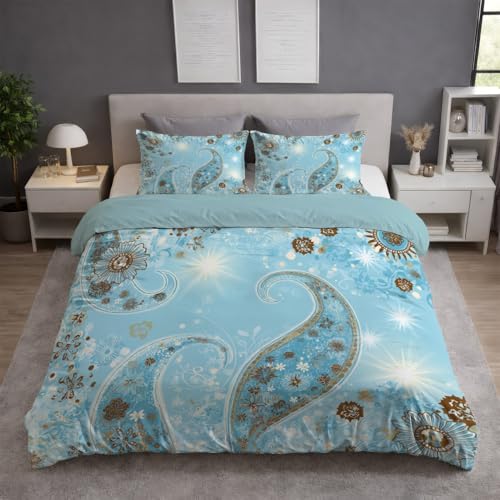 Generisch Bettwäsche 200x200 3teilig - Mikrofaser Bettbezug 200x200 cm mit 2 Kissenbezug 80x80 cm, Wendebettwäsche, ultraweich und hautfreundlich, Hellblau, Elegant Strukturiert Blumen