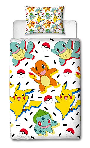 Pokemon Einzelbett Bettbezug, wendbar, zweiseitig, mit Pikachu, Squirtle & Charmander, mit passendem Kissenbezug, Mehrfarbig, 200 x 135 cm