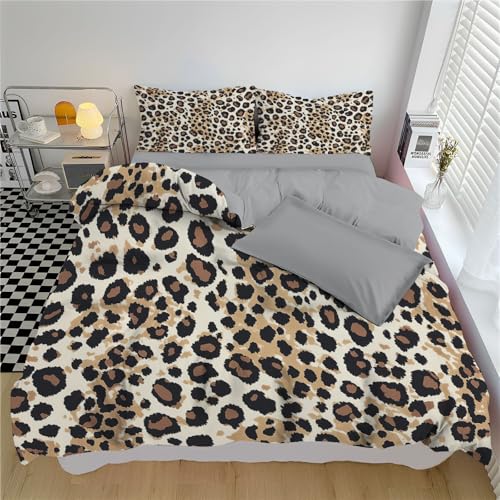 Bettwäsche Brauner und schwarzer Leopardenprint 200*200cm Beige 3 teilig Super Mikrofaser Baumwollähnlich 1 Bettbezug 200*200cm +2 Kissenbezüge 80x80-alle mit Reißverschluss Bettwäsche Tierfell