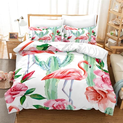 HNHDDZ Bettbezug-Set Flamingo, Tropisch Grün Blättrig Blümchen Kaktus Muster Bettwäsche-Set Weiß Rosa Aquarell 1 Bettbezug 200x200 und 2 Kissenbezüge 80x80