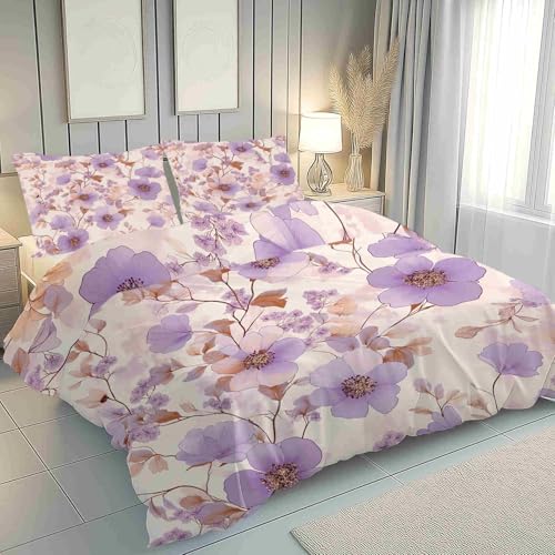 Bettwäsche 135x200 Elegantes Großes Lila Blumen Muster Bettwäsche Set Weich Microfaser Kuschelige Bettwäsche, Wendebettwäsche Lavendel Bettbezug und Kissenbezug 80x80cm