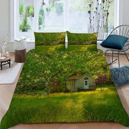 Bettwäsche 155x220 Landhaus Weich Mikrofaser Sommerliche Grüne Landschaft Bettwäsche-Sets 3D Bettbezug 3 Teilig Bettbezüge mit Reißverschluss und 2 Kissenbezug 80x80 I.1132