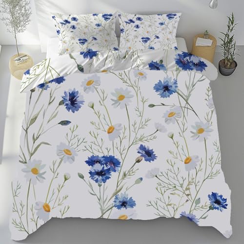 Tyafsgvqo Kornblume Wendebettwäsche 135x200 cm, Pflanzen Blumenmotiv Bügelfrei Bettwäsche 3 Teilig, Landhaus Aquarell Floral Bettbezüge Kühlend Atmungsaktiv, Duvet Cover mit 2 Kissenbezug 80x80 cm